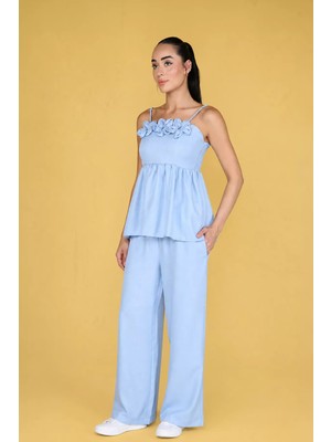 Gülseli Kadın Ayarlanabilir Askılı Gül Figürlü Bluz Bel Lastikli Pantolon Ikili Takım P-00022925