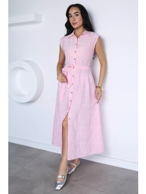 Gülseli Kordine Nakışlı Sıfır Kol Gömlek Elbise P-00022378