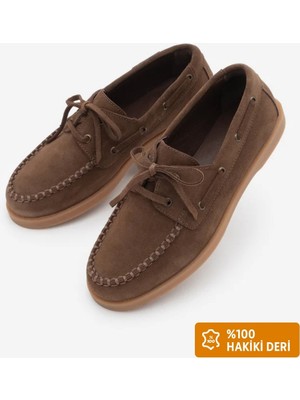 Marjin Kadın Loafer Ayakkabı Hakiki Deri Kahve Süet Düz Tabanlı Günlük Kullanım İçin