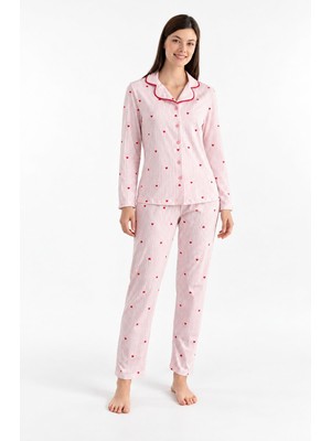 Sevim Kadın Uzun Kol Önden Düğmeli Kalpli Pembe Pijama Takımı C6T1N081