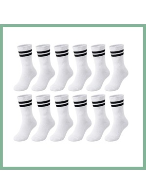 Bşk Virgo Unisex Beyaz Çorap Siyah Çizgili 12'li Set Uzun Soket Günlük Spor Kolej Stil Kadın Erkek Çorabı BSK2026