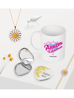 BK Gift Kişiye Özel Annem Bir Kahraman Kupa Kalp Ayna Papatya Kolye Bileklik Seti