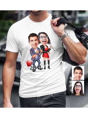 BK Gift Kişiye Özel Sevgililer Karikatür Beyaz Erkek Tişört - 1