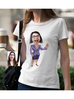 BK Gift Kişiye Özel Bayan Öğretmen Karikatür Beyaz Tişört - 1