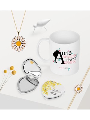 BK Gift Kişiye Özel Anne Demek Hayat Demek Kupa Kalp Ayna Papatya Kolye Bileklik Seti