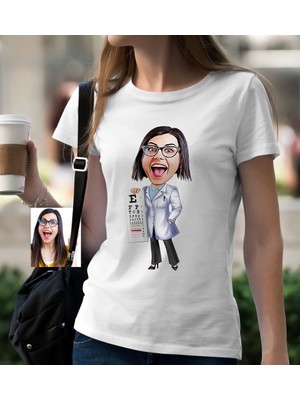 BK Gift Kişiye Özel Bayan Göz Doktoru Karikatür Beyaz Tişört - 1