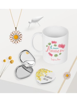 BK Gift Kişiye Özel Canım Annem Kupa Kalp Ayna Papatya Kolye Bileklik Seti - 12