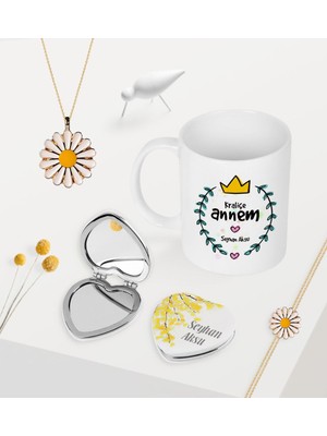 BK Gift Kişiye Özel Kraliçe Annem Kupa Kalp Ayna Papatya Kolye Bileklik Seti