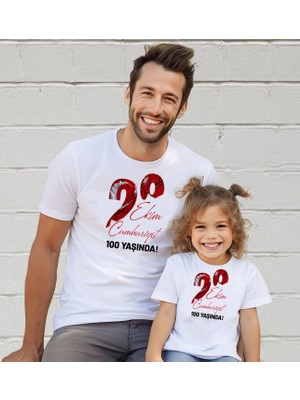Bk Gift 29 Ekim Tasarımlı 2’li Baba-Kız Beyaz Tişört-8, 29 Ekim Hediyesi, Trend Tişört, 100.YIL Hediyesi