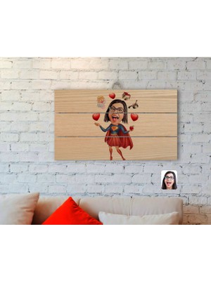 BK Gift Kişiye Özel Süper Anne Karikatürlü Otantik Ahşap Palet Tablo-1