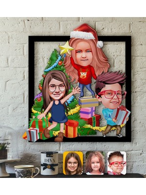BK Gift Kişiye Özel Yeni Yıl 3 Kardeş Karikatürlü 3D Ahşap Tablo-1