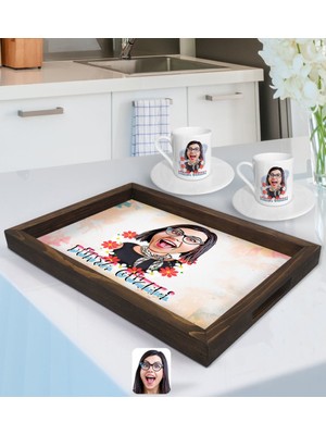 BK Gift Kişiye Özel Dünya Güzeli Karikatürlü Doğal Ahşap Tepsi ve 2’li Kahve Fincan Seti-1