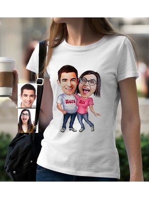 BK Gift Kişiye Özel Sevgililer Karikatür Beyaz Bayan Tişört - 5