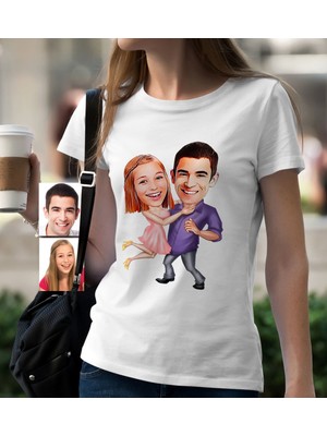 BK Gift Kişiye Özel Sevgililer Karikatür Beyaz Bayan Tişört - 3