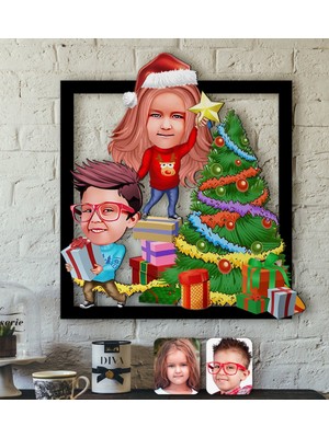 BK Gift Kişiye Özel Yeni Yıl Kız Kardeş Erkek Kardeş Karikatürlü 3D Ahşap Tablo-1