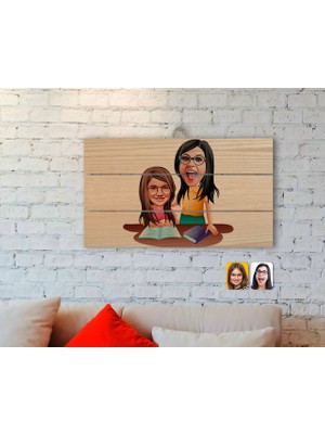 BK Gift Kişiye Özel Anne Kız Karikatürlü Otantik Ahşap Palet Tablo-1