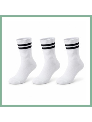 Bşk Virgo Unisex Beyaz Çorap Siyah Çizgili 3'lü Set Uzun Soket Günlük Spor Kolej Stil Rahat Kadın Erkek Çorabı BSK2026