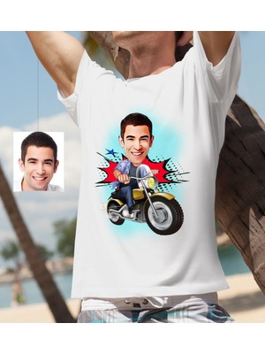 BK Gift Kişiye Özel Bay Motorcu Karikatür Beyaz Tişört - 1