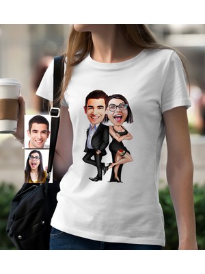 BK Gift Kişiye Özel Sevgililer Karikatür Beyaz Bayan Tişört - 6