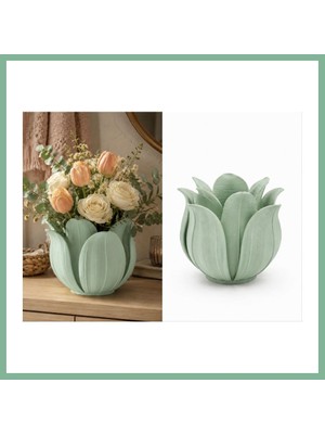 Bşk Virgo 3D Baskı Lotus Yapraklı Vazo - Dekoratif Çiçeklik-Mint BSK2026