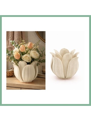 Bşk Virgo 3D Baskı Lotus Yapraklı Vazo - Dekoratif Çiçeklik-Bej BSK2026