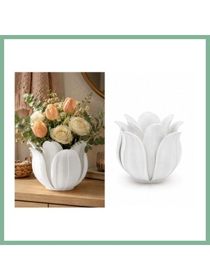 Bşk Virgo 3D Baskı Lotus Yapraklı Vazo - Dekoratif Çiçeklik-Beyaz BSK2026