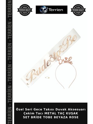 Terrien Özel Seri Gece Takısı Duvak Aksesuarı Çekim Tacı Metal Taç Kuşak Set Bride Tobe Beyaza Rose