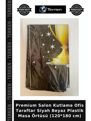 Terrien Premium Salon Kutlama Ofis Taraftar Siyah Beyaz Plastik Masa Örtüsü (120*180 Cm)