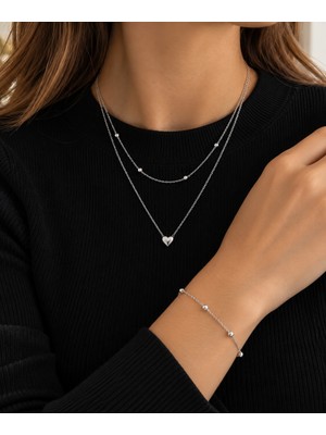 Adata Jewelry Çelik Dorika Kalpli Kadın Kolye Bileklik Seti Gümüş Renk