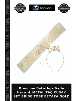 Terrien Premium Bekarlığa Veda Hazırlık Metal Taç Kuşak Set Bride Tobe Beyaza Gold
