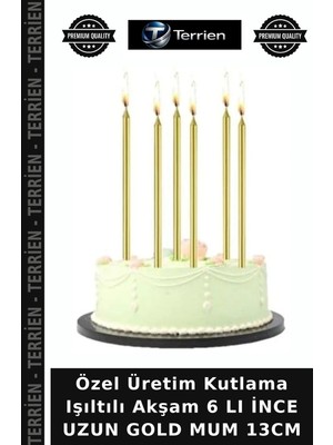 Terrien Özel Üretim Kutlama Işıltılı Akşam 6 Lı Ince Uzun Gold Mum 13CM