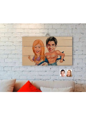 BK Gift Kişiye Özel Sevgililer Karikatürlü Otantik Ahşap Palet Tablo-8