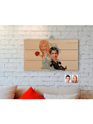 BK Gift Kişiye Özel Evleniyoruz Karikatürlü Otantik Ahşap Palet Tablo-2