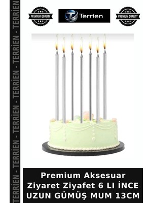 Terrien Premium Aksesuar Ziyaret Ziyafet 6 Lı Ince Uzun Gümüş Mum 13CM