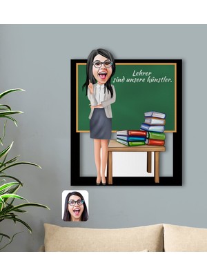 BK Gift Kişiye Özel Kadın Almanca Öğretmeni Karikatürlü 3D Ahşap Tablo-1
