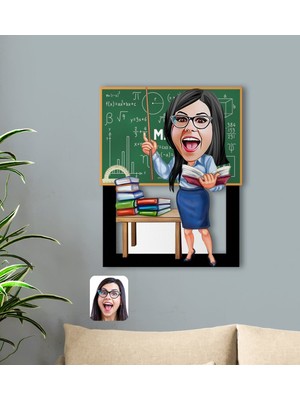 BK Gift Kişiye Özel Kadın Matematik Öğretmeni Karikatürlü 3D Ahşap Tablo-1
