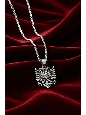 Silvari Silver Çift Başlı Kartal Arnavutluk Sembolü Parlak Unisex  Tasarım 925 Ayar Gümüş Kolye