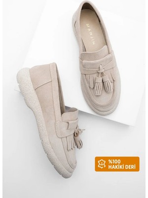 Marjin Kadın Hakiki Deri Loafer Günlük Ayakkabı Suma Bej Süet