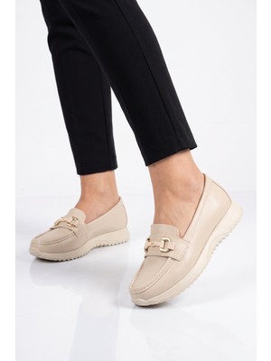 Ayk's Toka Detaylı Kalın Tabanlı Şık Rahat Krem Kadın Casual Ayakkabı Loafer 067 26K
