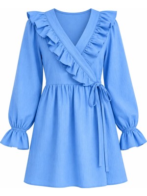 Juuuj Mavi Polyester Dokuma Kumaş Kruvaze Yaka Uzun Kollu Büzgülü Belden Bağlamalı Fırfır Detaylı Tunik