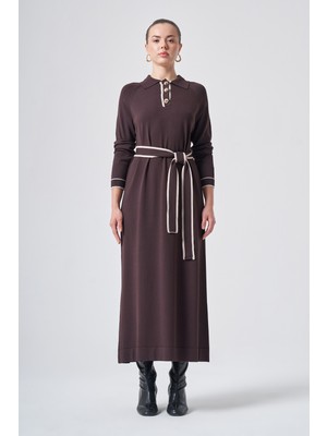 Nuss Düğme Detaylı Kuşaklı Triko Rayon Elbise 802 Kahverengi