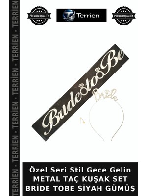 Terrien Özel Seri Stil Gece Gelin Metal Taç Kuşak Set Bride Tobe Siyah Gümüş