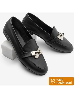 Marjin Kadın Loafer Hakiki Deri Tokalı Makosen Günlük Ayakkabı Nador Siyah
