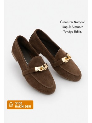 Marjin Kadın Loafer Hakiki Deri Tokalı Makosen Günlük Ayakkabı Nador Kahve Süet