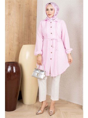Mestore Nervürlü Keten Tunik  Pembe