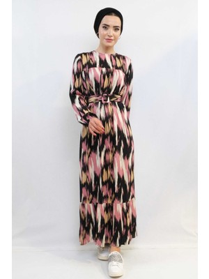Mestore Moda Çizgi Karışık Desen Elbise Pudra