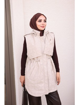 İmaj Butik Bej Bel Lastikli  Kapitone Cepli Yelek