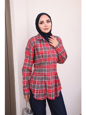 İmaj Butik Kırmızı Ekoseli Önü Pensli Gömlek