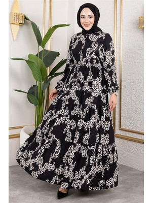 Mestore Leopar Desenli Viskon Elbise Siyah