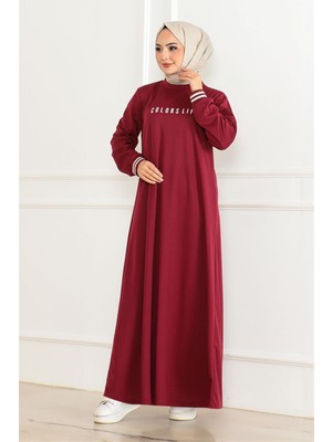 Mestore Ribanalı Baskılı Elbise Bordo